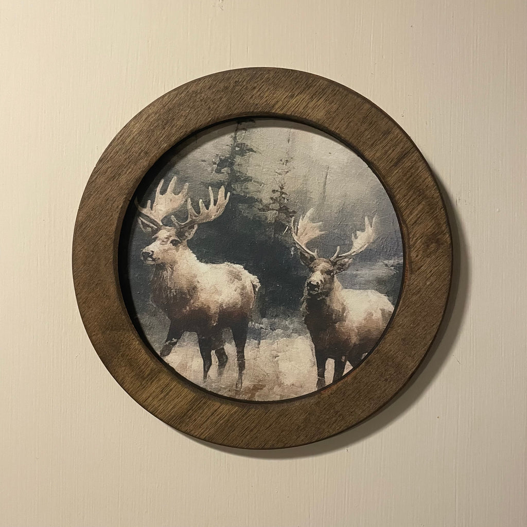 10" Deer in Snowy Forest in Round Frame