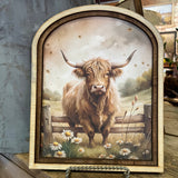 Highland Cow with daisies Canvas Print in Arched Frame
