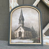 Country Church w/evergreens print framed in an arch
