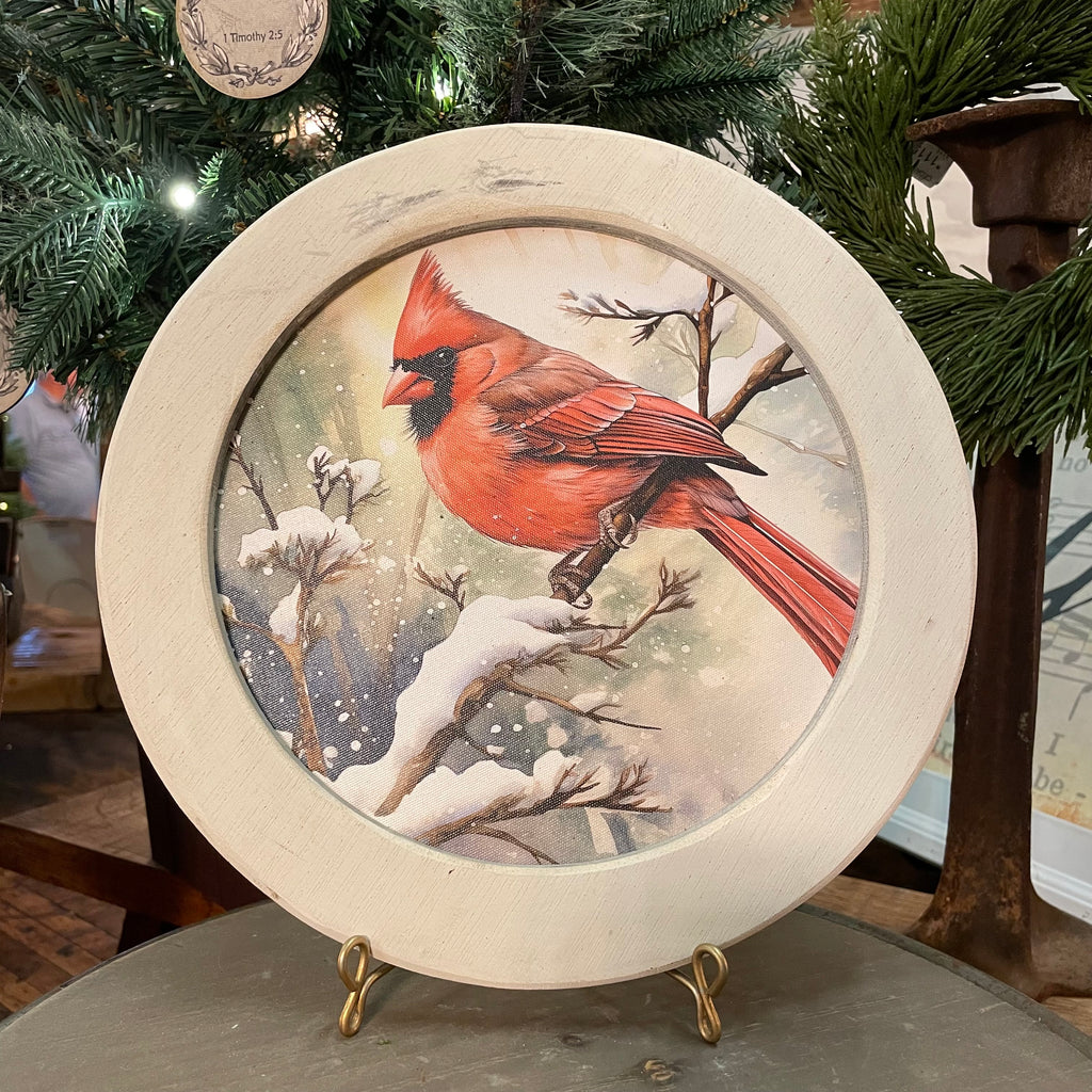 Round Snowy Cardinal Framed Canvas