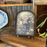 Highland Cow with flowers Canvas Print in Arched Frame