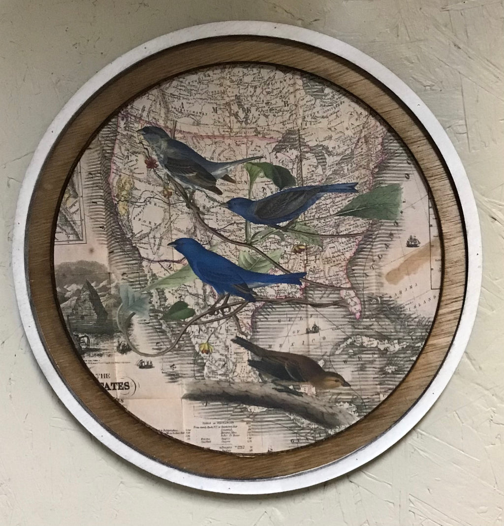 Four Blue Birds on Antique Map 11' Round