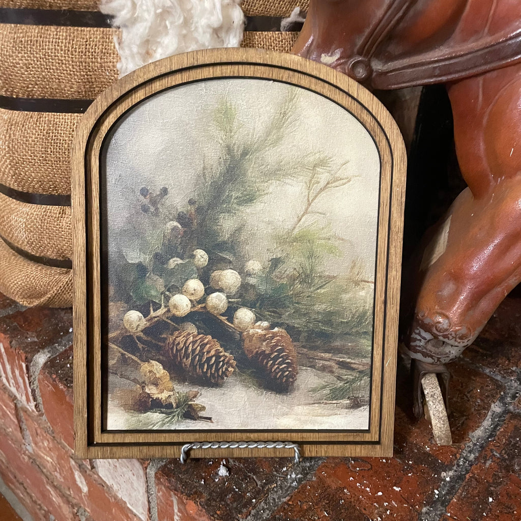 Pine and Berries Canvas in Arched Frame