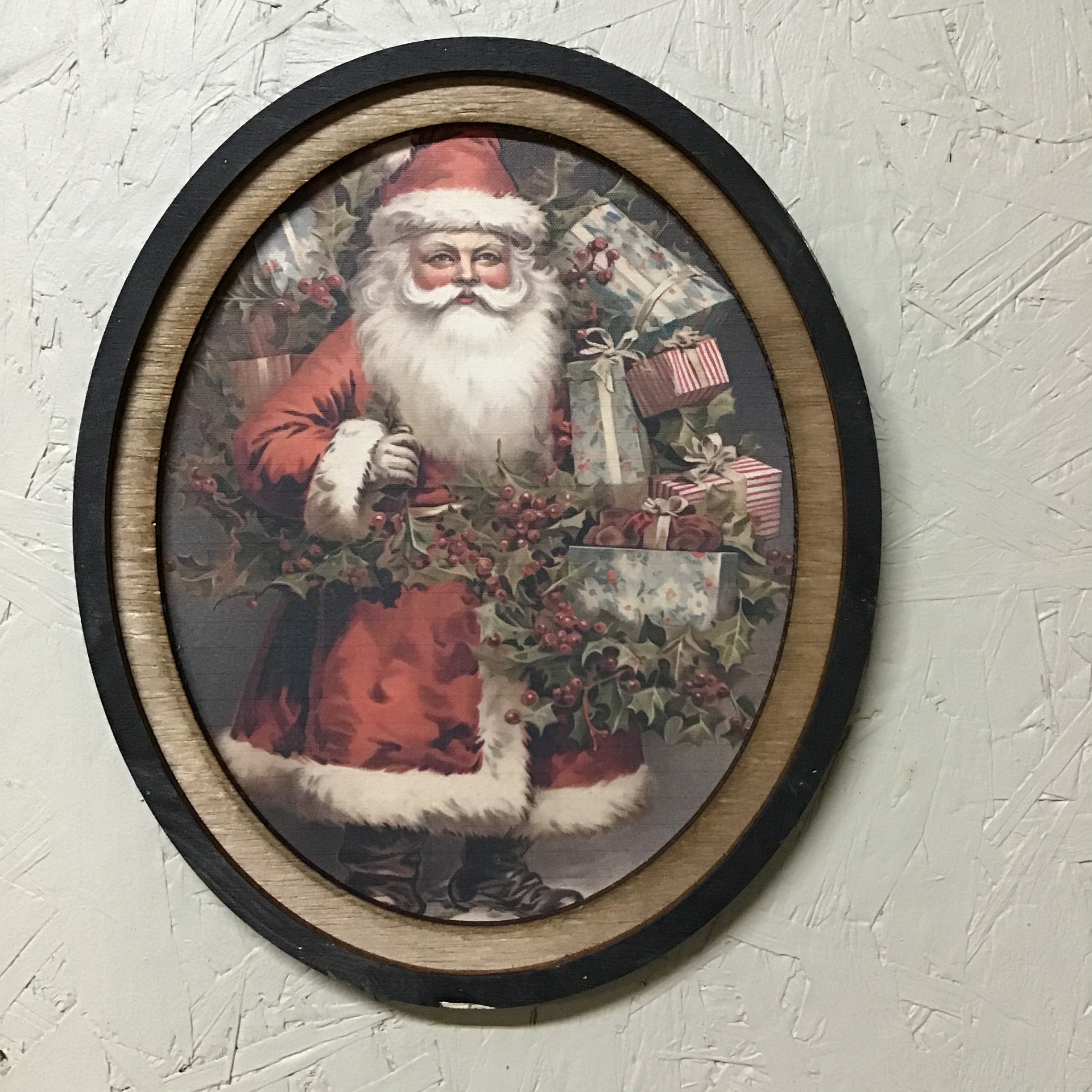 Santa w/ Holly Oval Framed Canvas Print