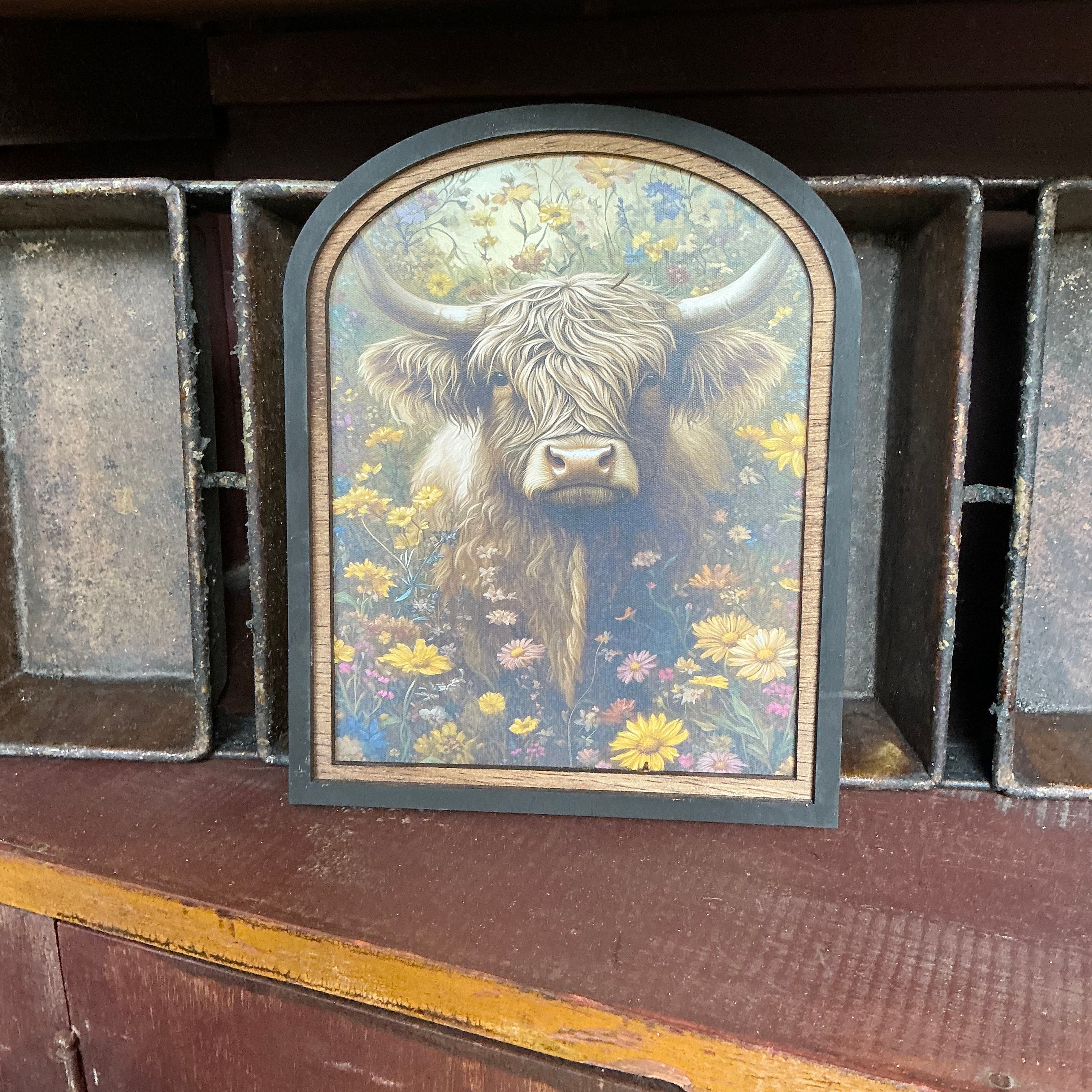 Highland Cow with flowers Canvas Print in Arched Frame