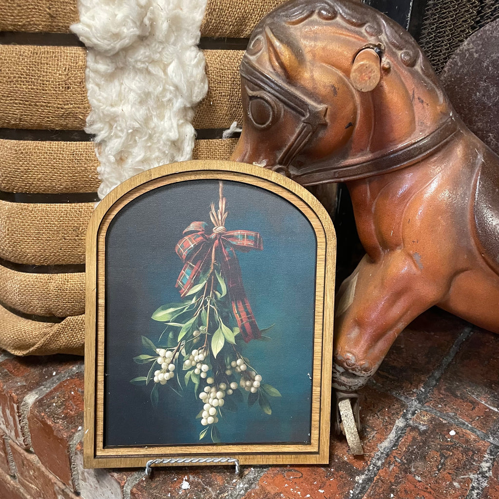 Mistletoe with Red Plaid Tartan Ribbon in Small Arch Frame