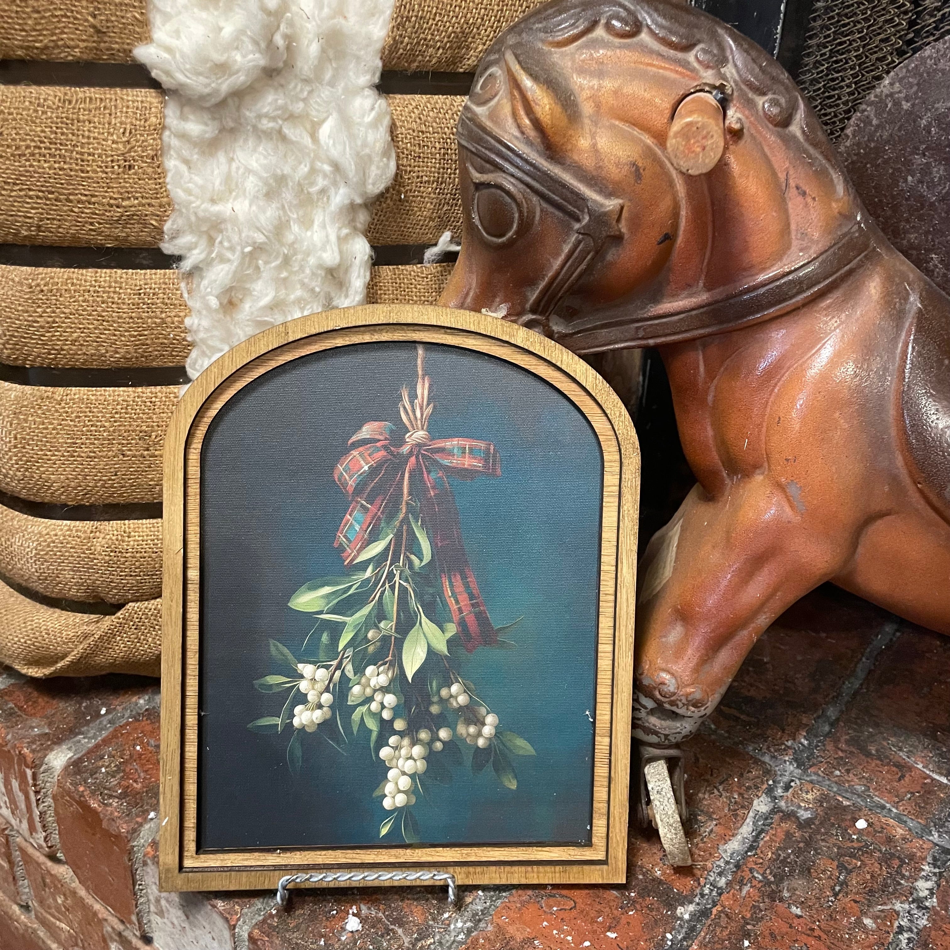 Mistletoe with Red Plaid Tartan Ribbon in Small Arch Frame