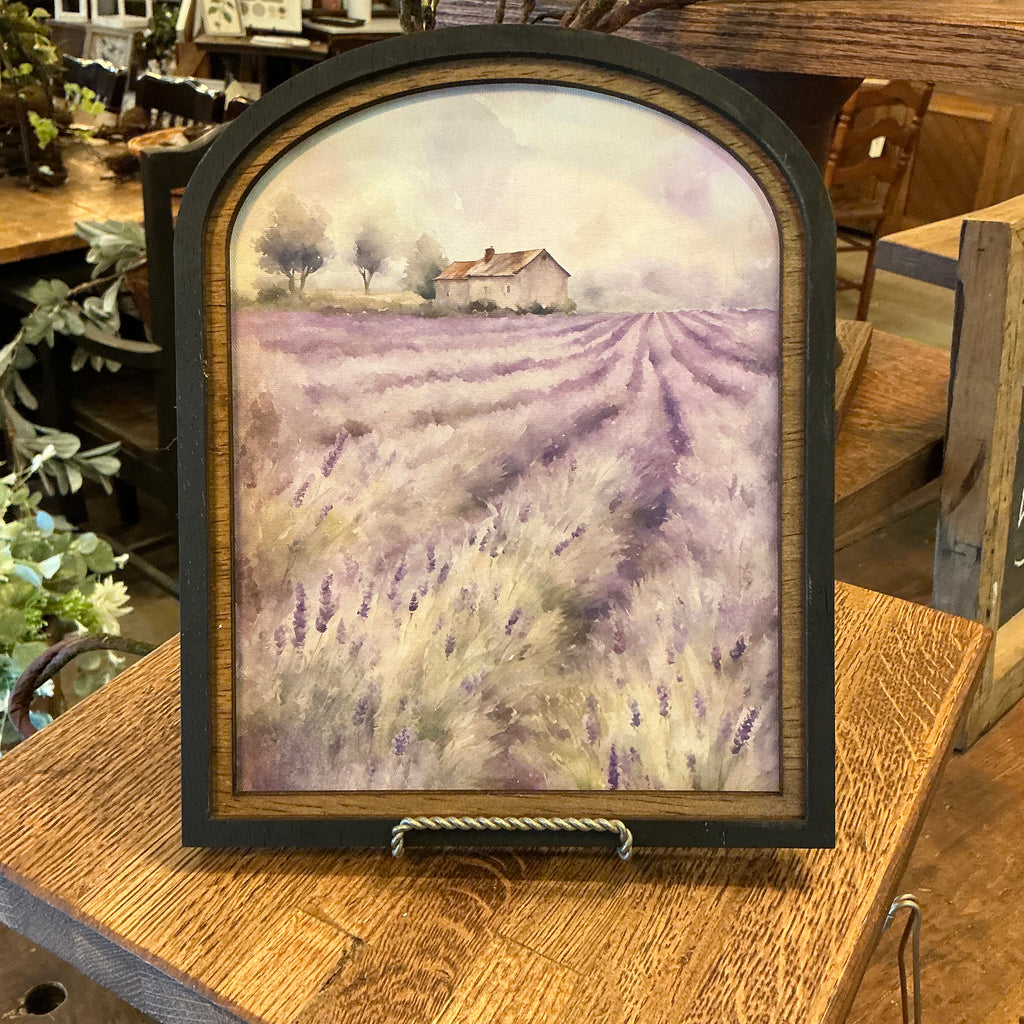 Lavender meadow with farmhouse Canvas Print in Arched Frame