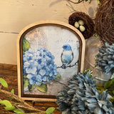 Blue Hydrangea and Blue Bird Canvas Print in Arched Frame
