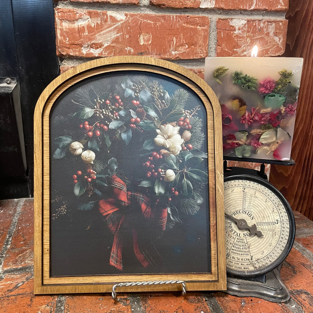 Wreath with plaid tartan ribbon framed in Small Arch