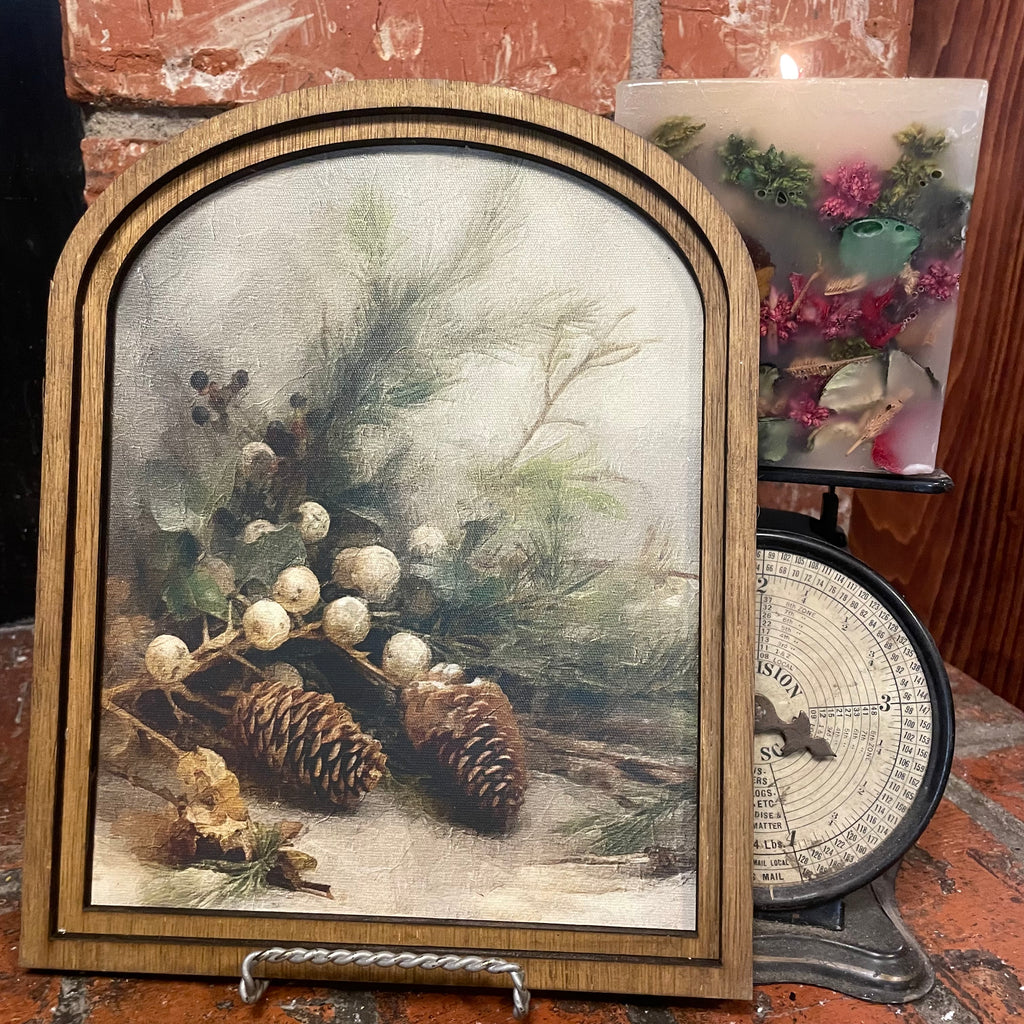Pine and Berries Canvas in Arched Frame