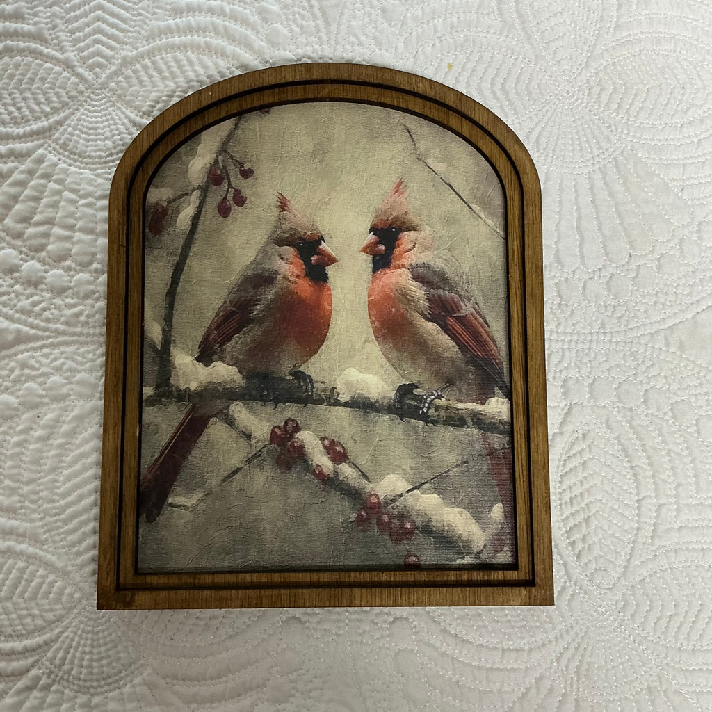 Cardinals on snow branch framed in Arched Frame