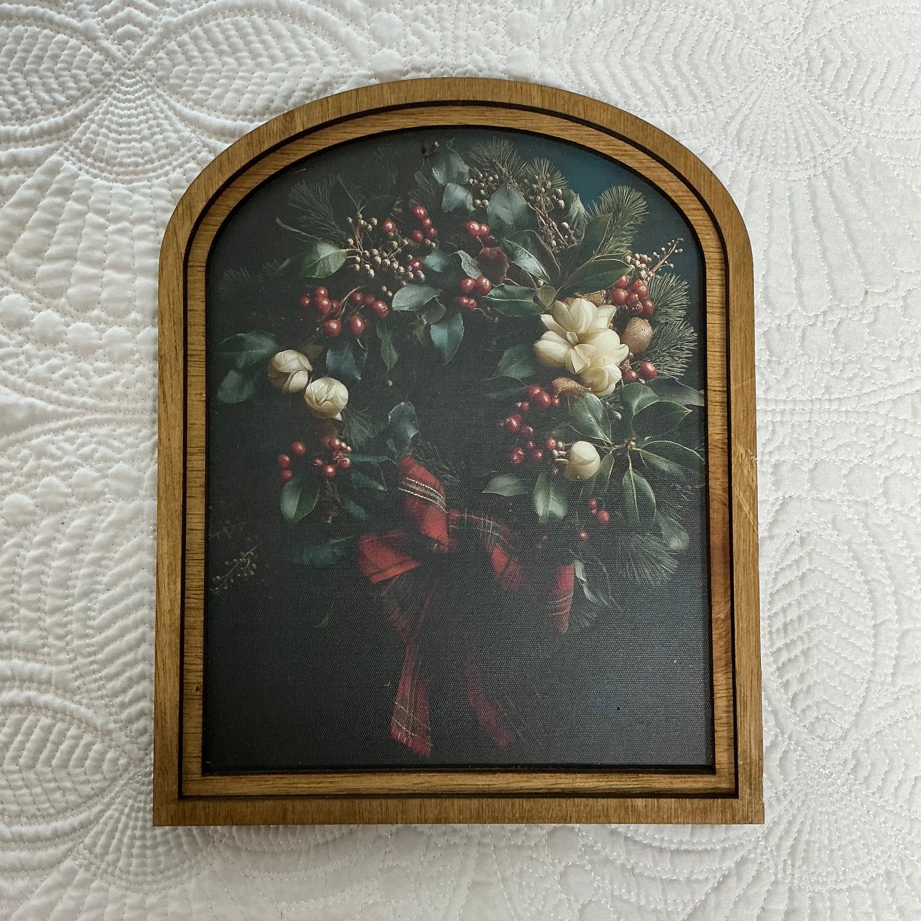 Wreath with plaid tartan ribbon framed in Small Arch