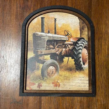 Antique Tractor with Leaves Turning Print Small Arch Frame