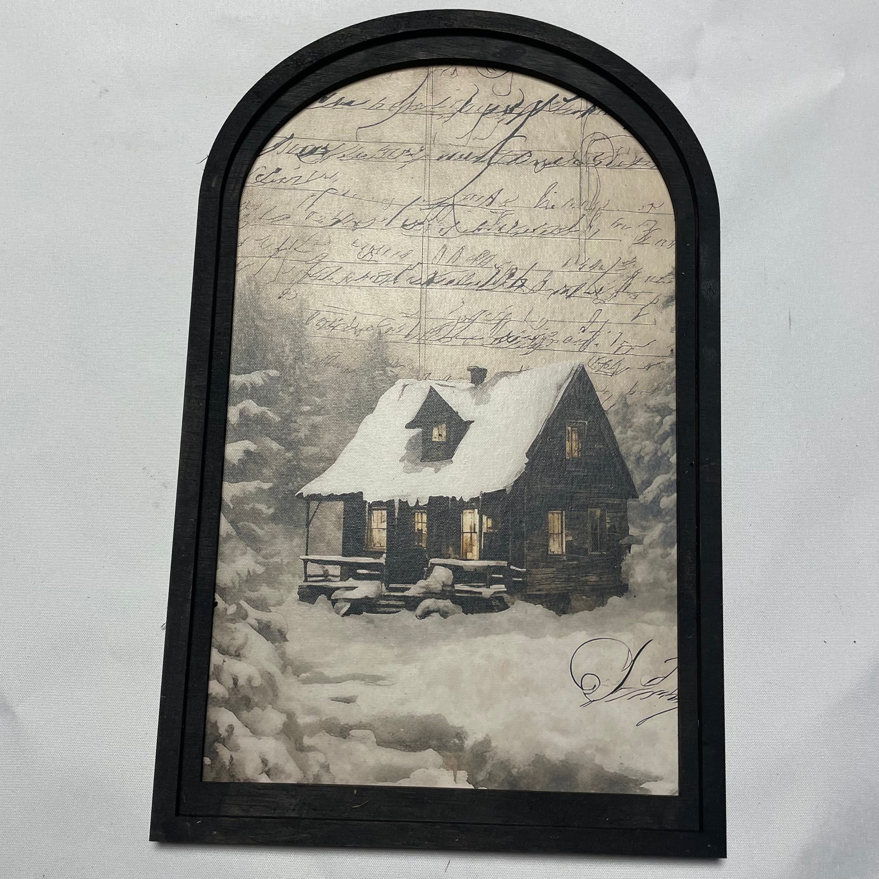 Snow Covered Cabin in Forest Print in Medium Arch