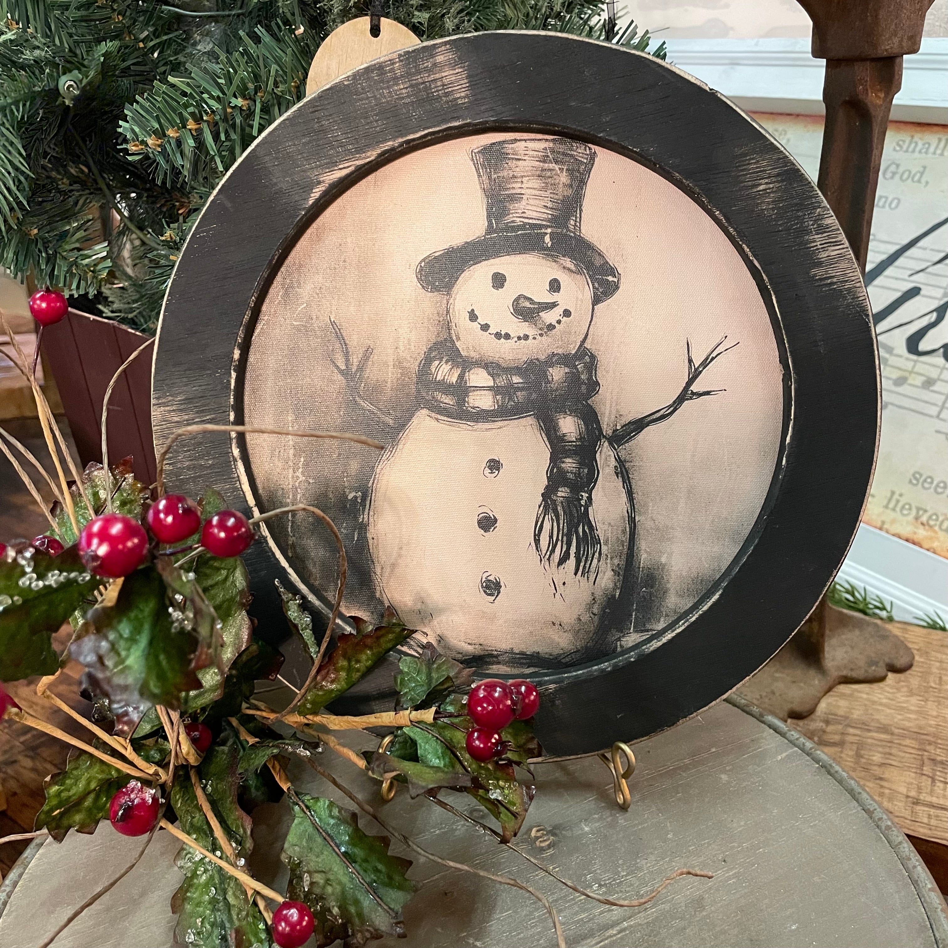Round Snowman Black and White Framed Canvas