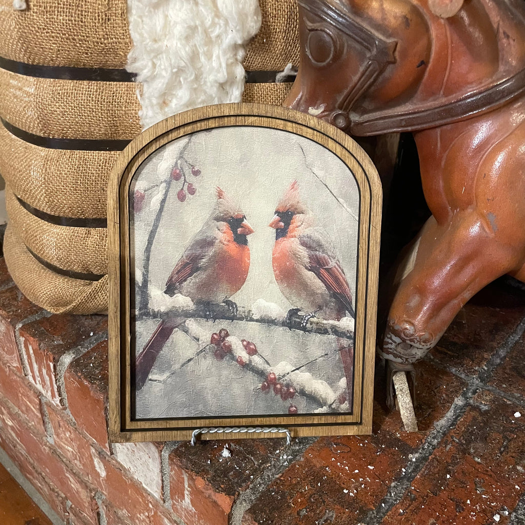 Cardinals on snow branch framed in Arched Frame