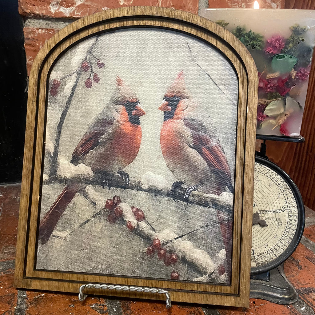 Cardinals on snow branch framed in Arched Frame