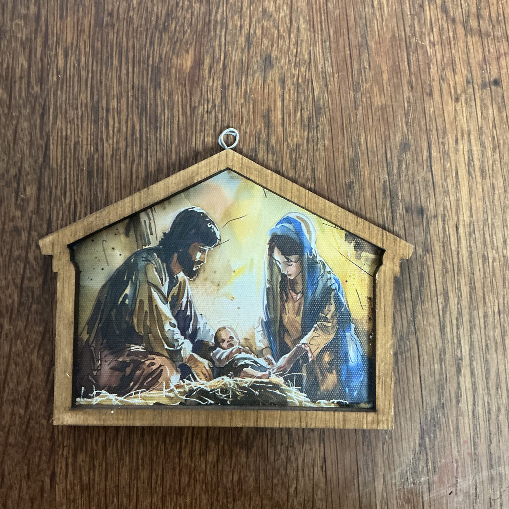 Colorful Nativity in stable ornament 