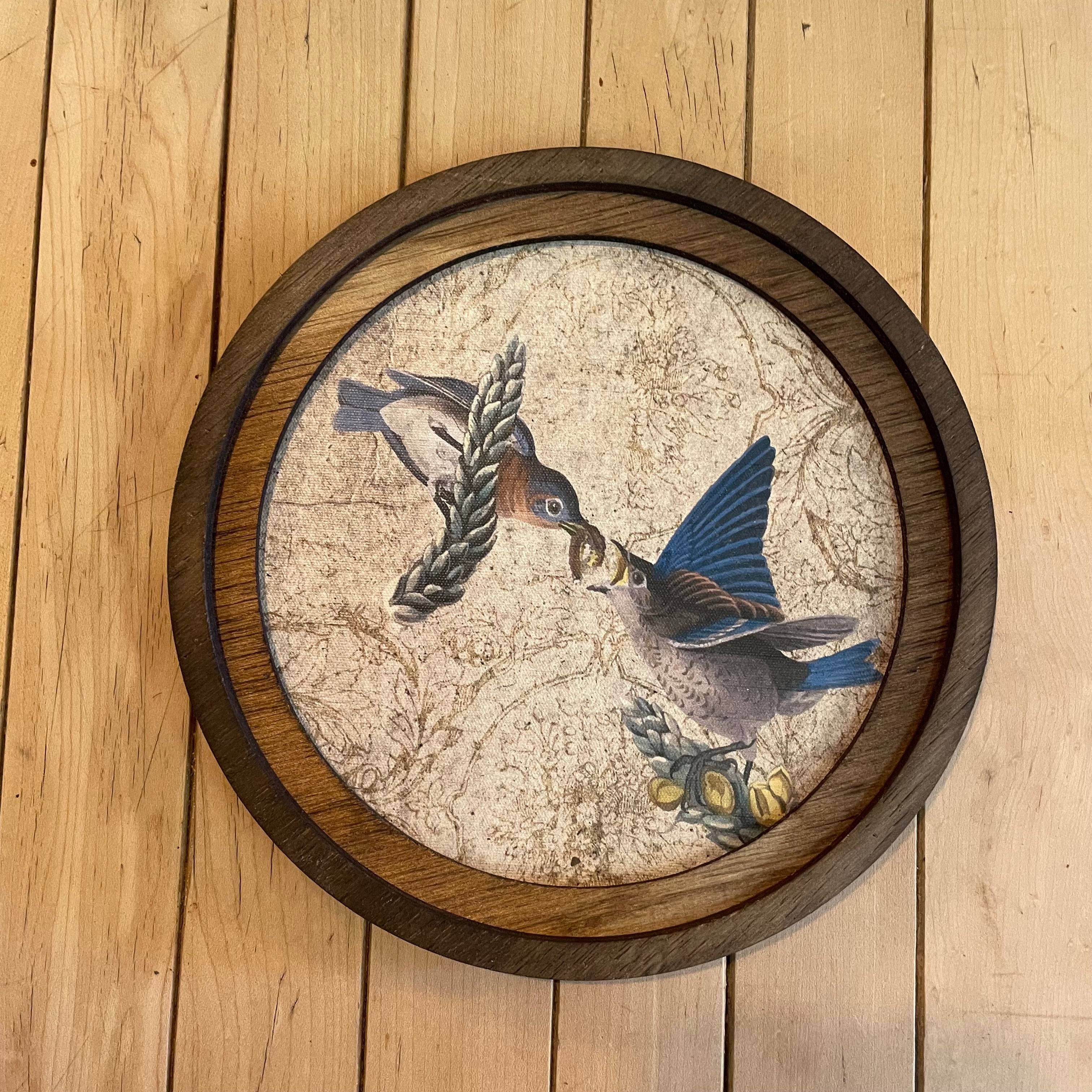 Round Blue Birds Feeding canvas print in round frame