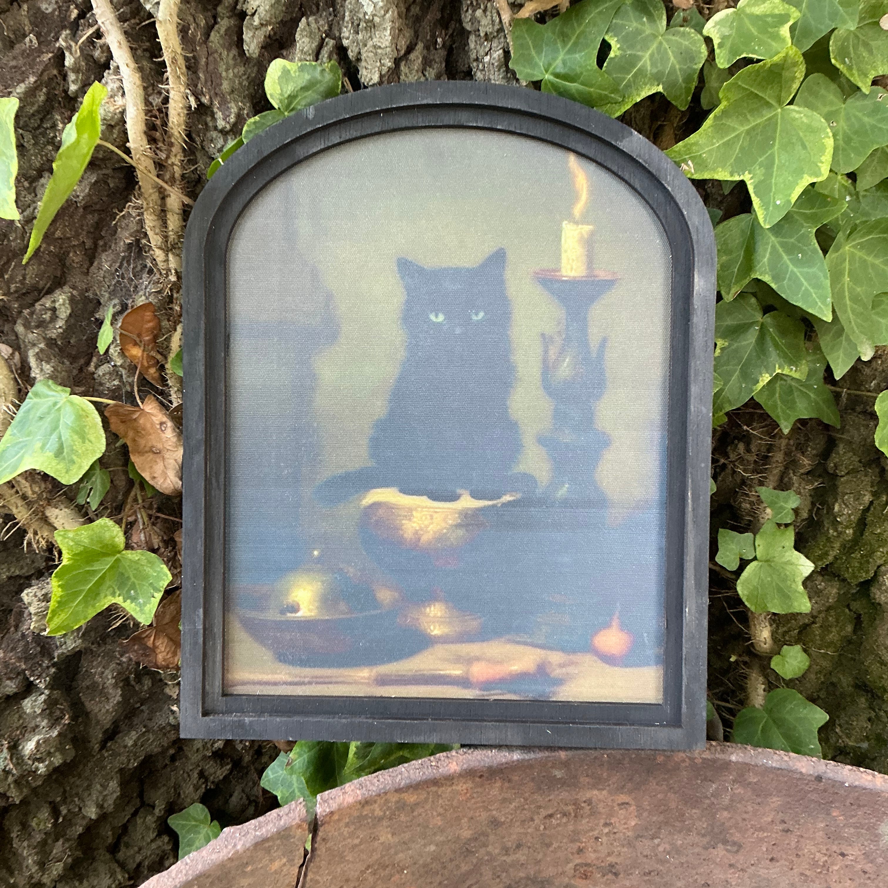 Black Cat and Candles Canvas Print in Small Arched Frame