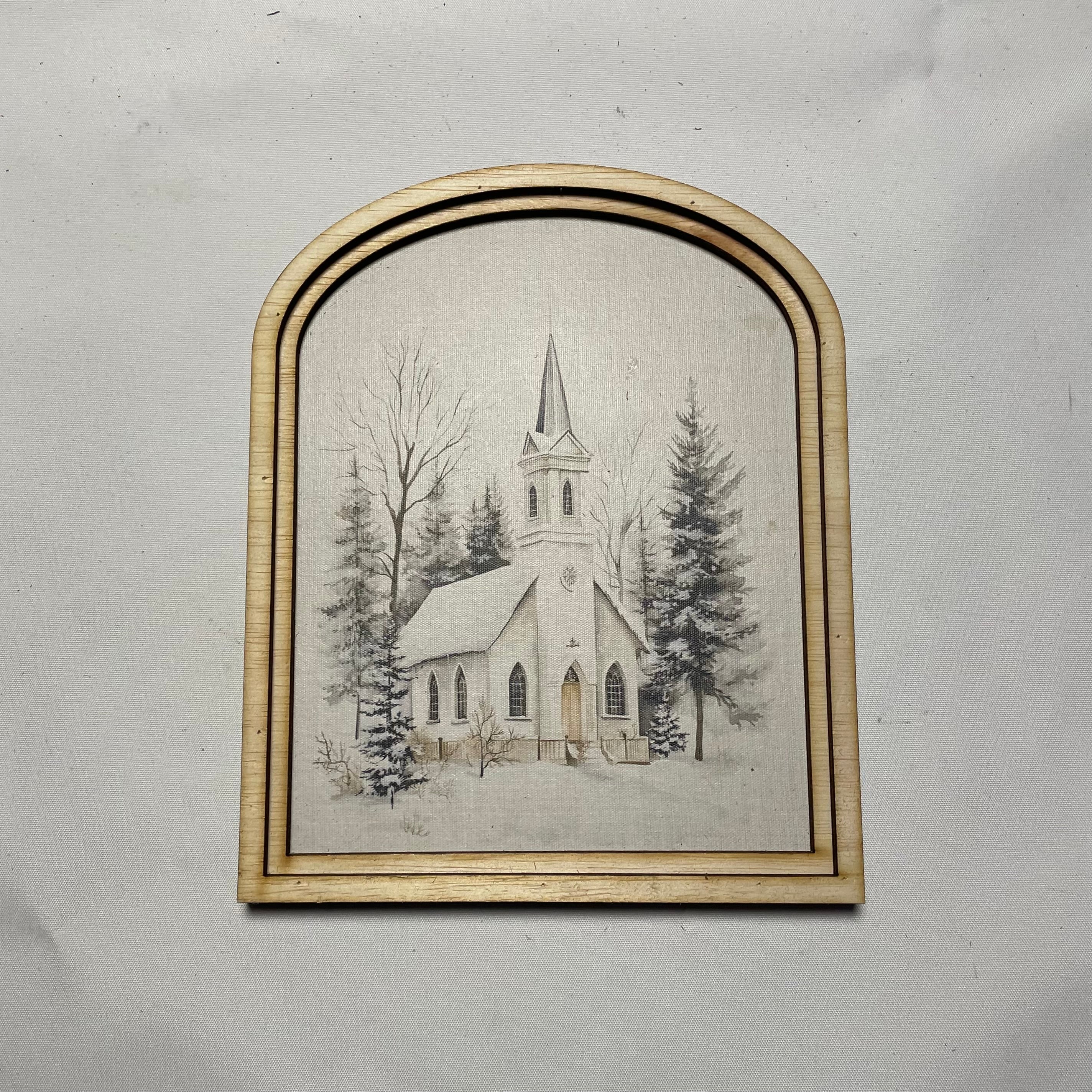Snowy County Church with small arch double wood frame
