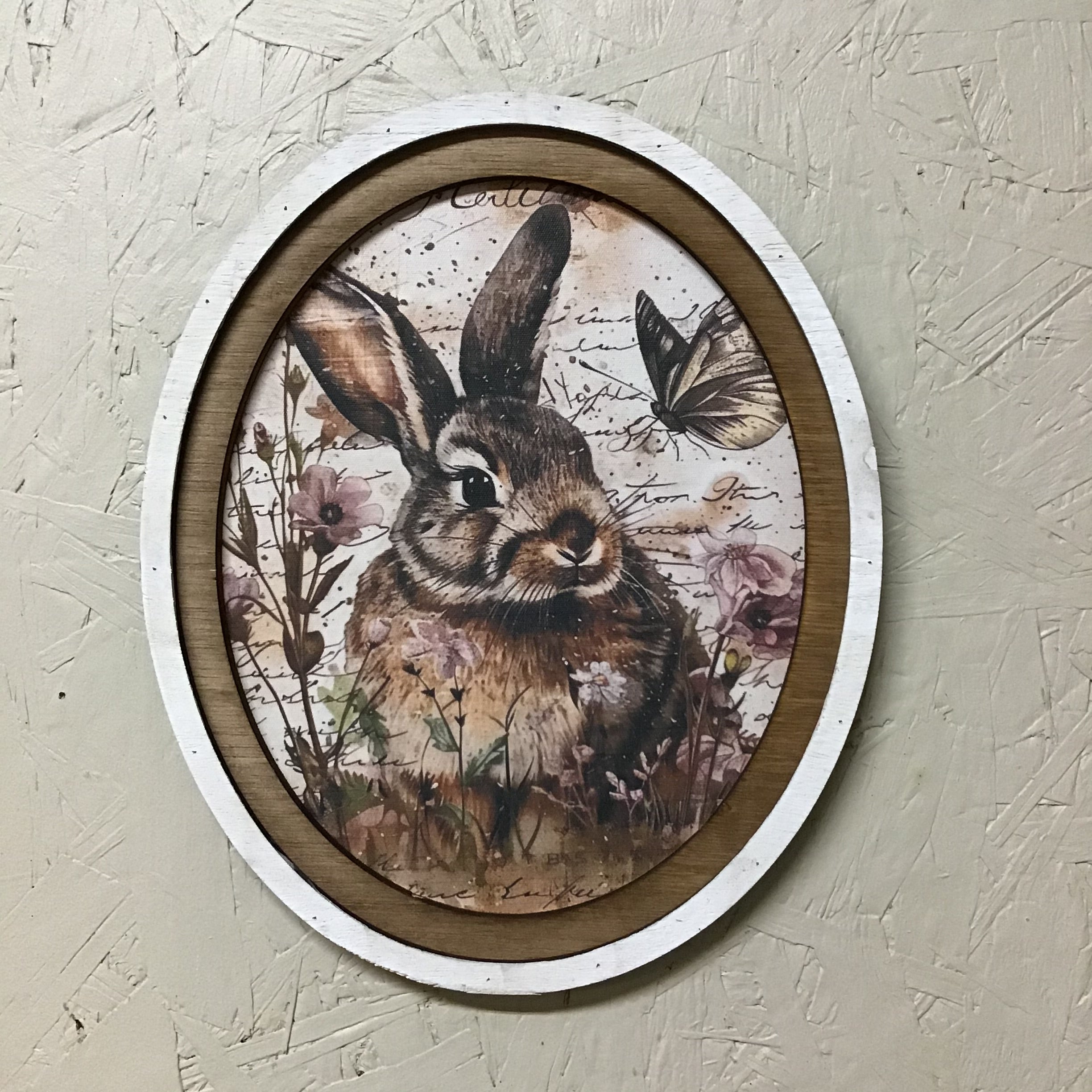 Oval Frame Bunny with Flowers and Butterfly