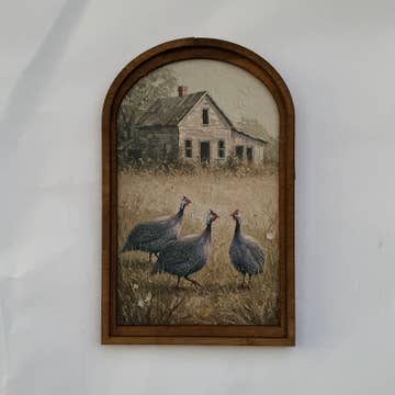 Guineas and Farmhouse framed in Med Arch