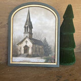 Country Church w/evergreens print framed in an arch