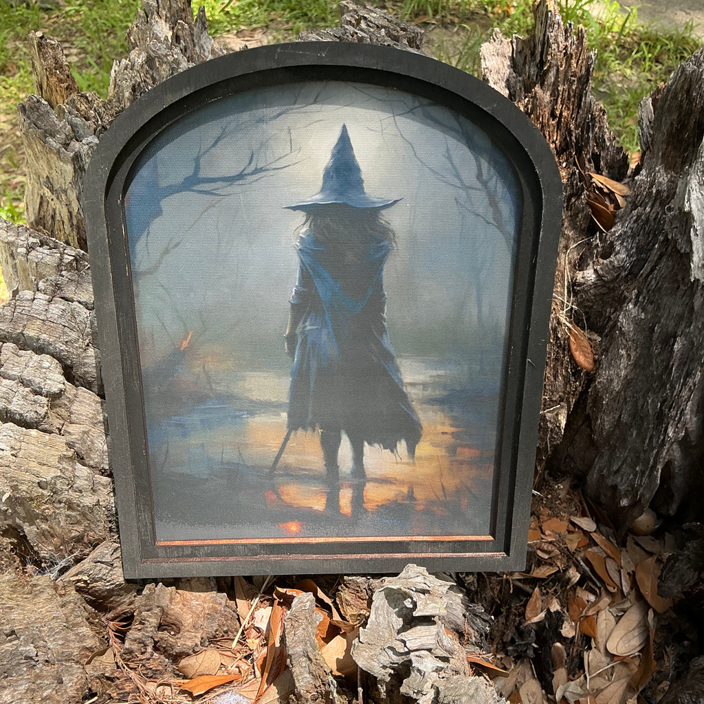 Witch in moonlit forest Canvas Print in Small Arched Frame