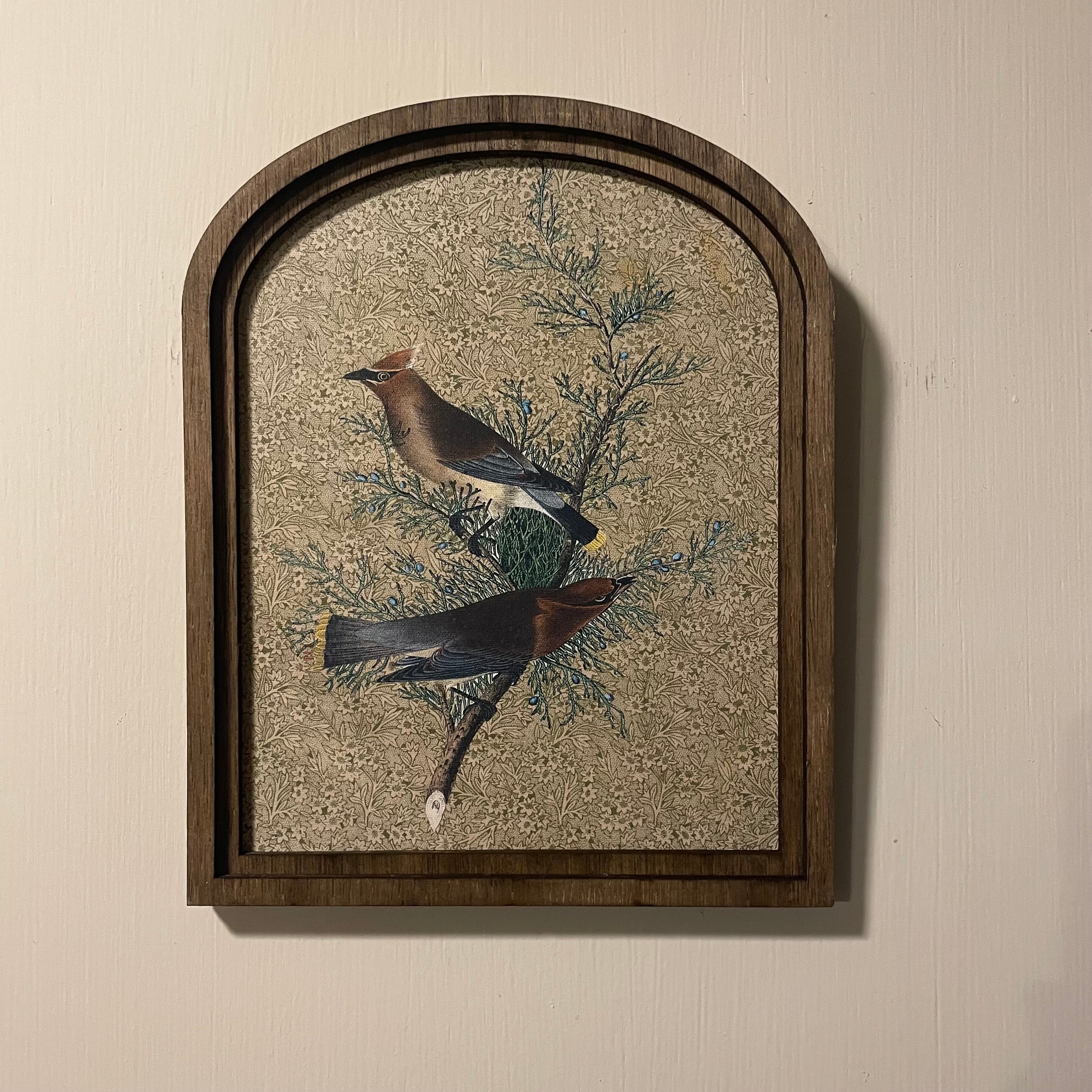Cedar waxing Birds pair framed in small arch 