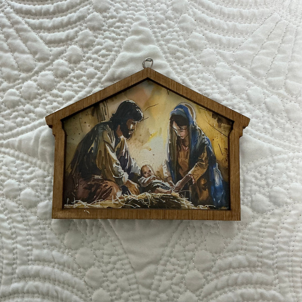 Colorful Nativity in stable ornament 