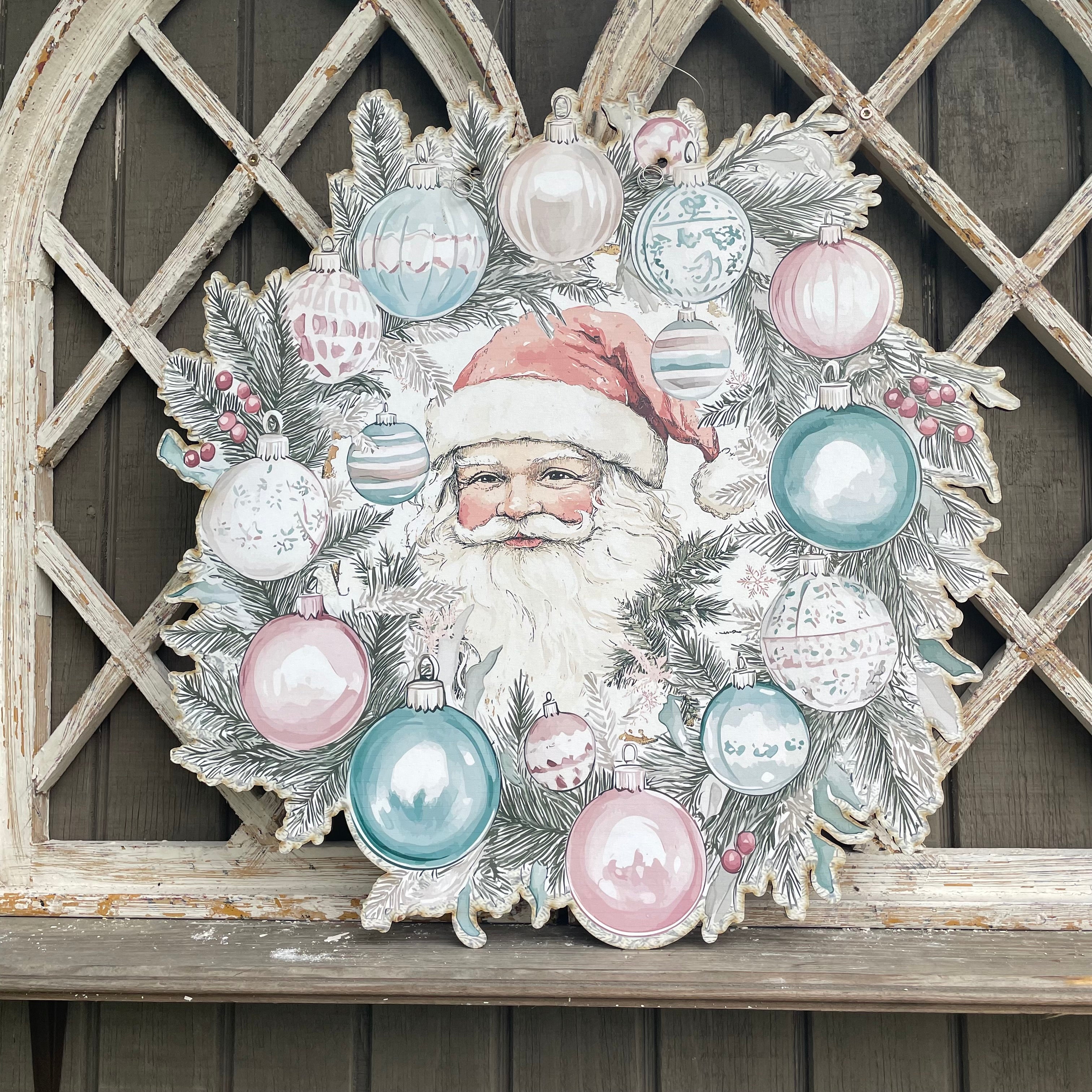 Vintage Santa Pink and Green Door Hanger Wreath
