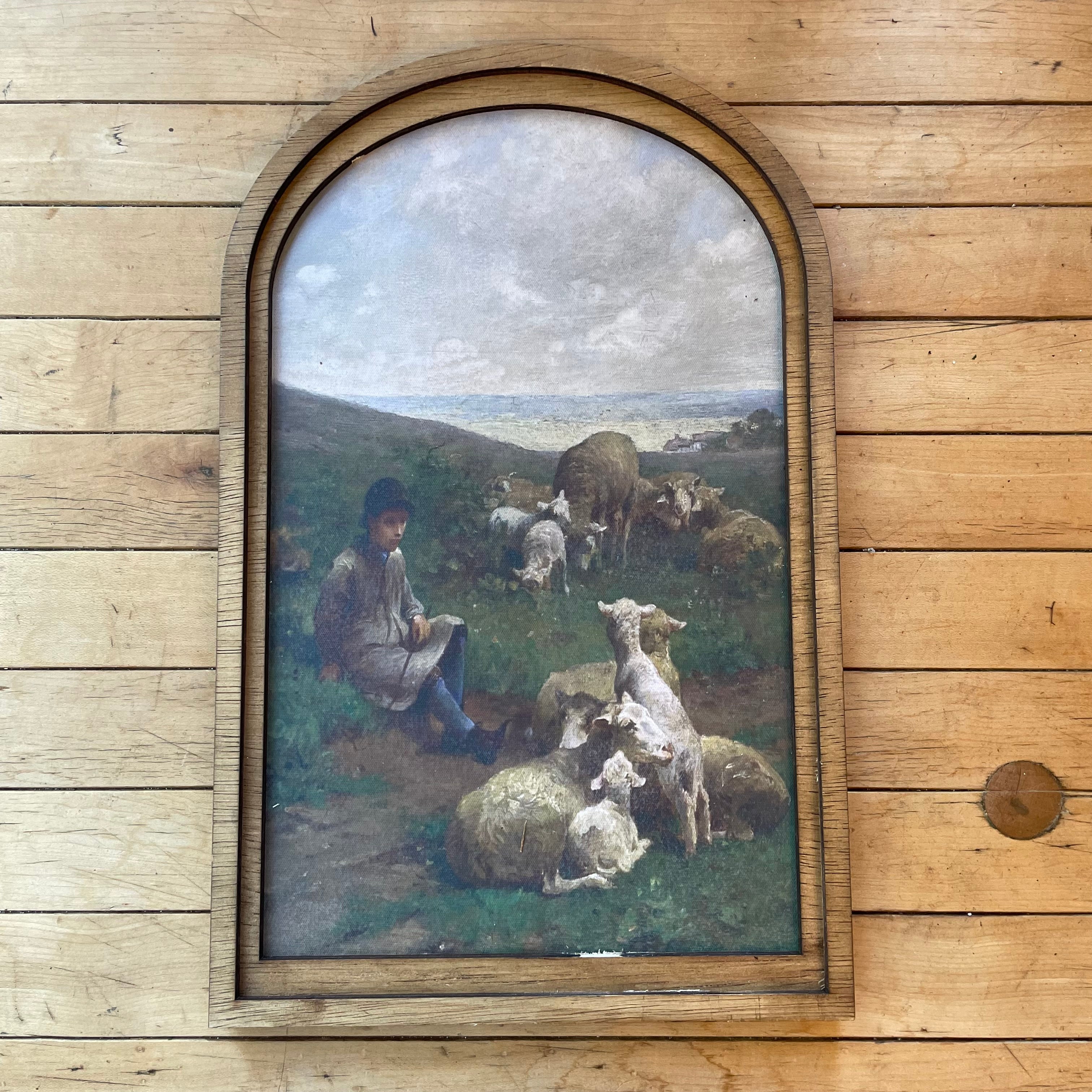 Pastoral Lambs with Shepherd Print Framed in Medium Arch