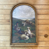 Pastoral Lambs with Shepherd Print Framed in Medium Arch