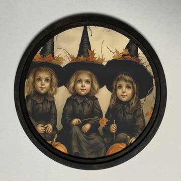 Three witches at Witch Academy Print in round frame