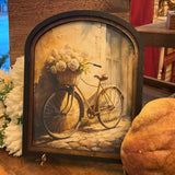Vintage bicycle with Basket of hydrangea in Arched Frame