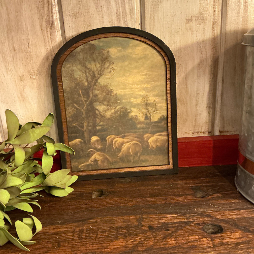 Pastoral Lambs with Trees Canvas Print in Arched Frame