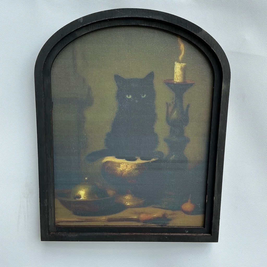 Black Cat and Candles Canvas Print in Small Arched Frame