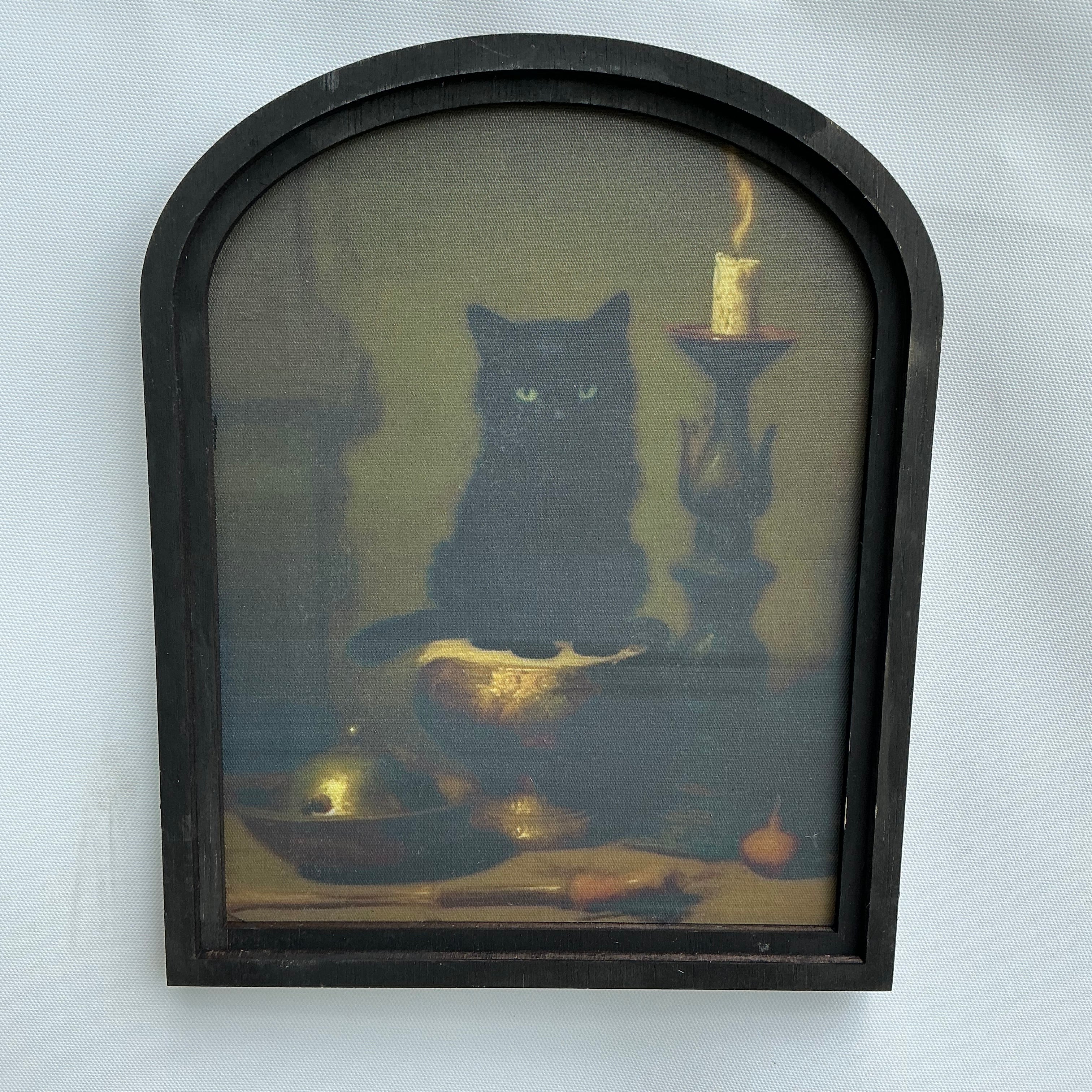 Black Cat and Candles Canvas Print in Small Arched Frame