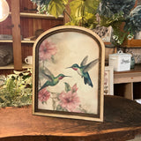 Hummingbirds with pink flowers Canvas Print in Arched Frame