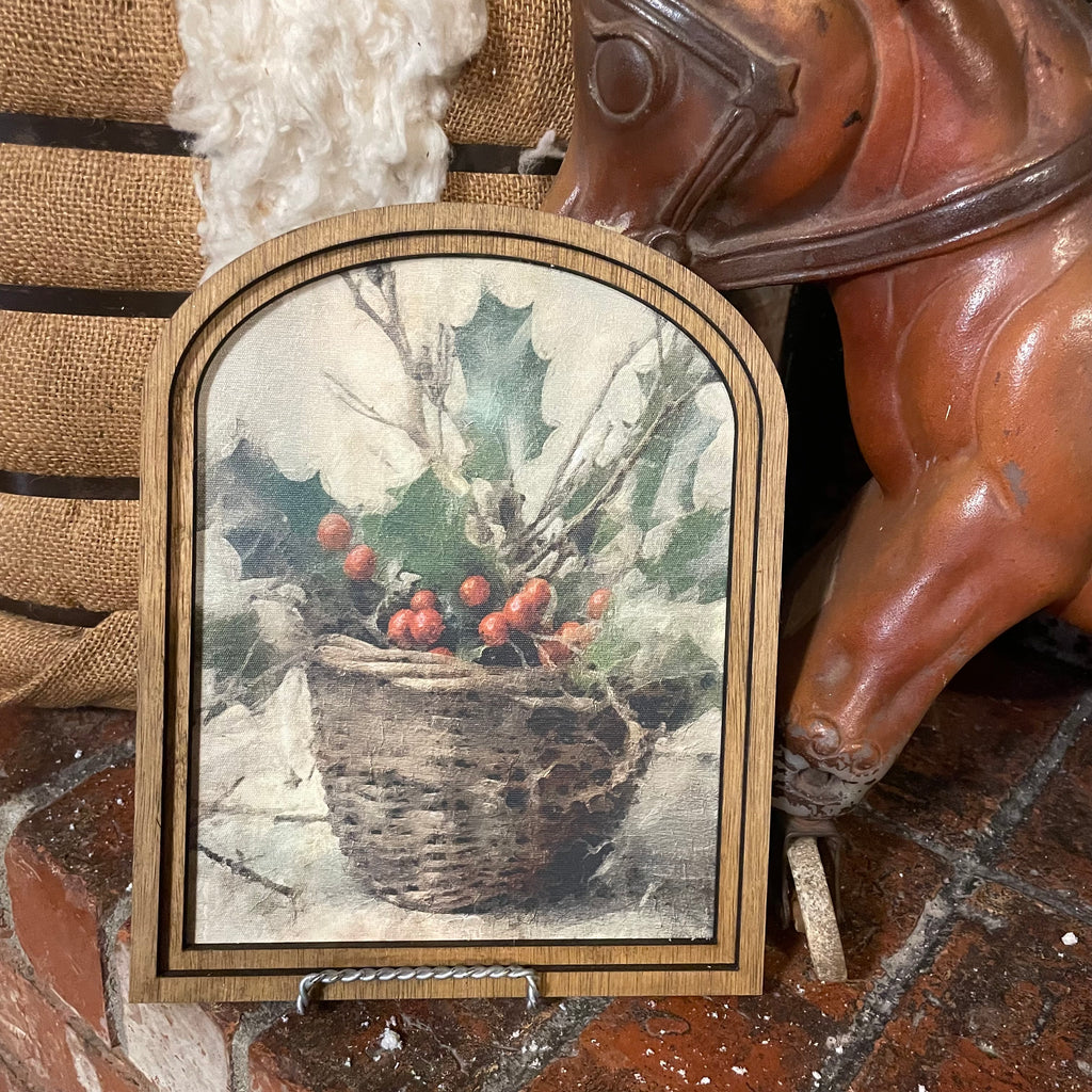 Holly in Basket Canvas Framed in Arched Frame