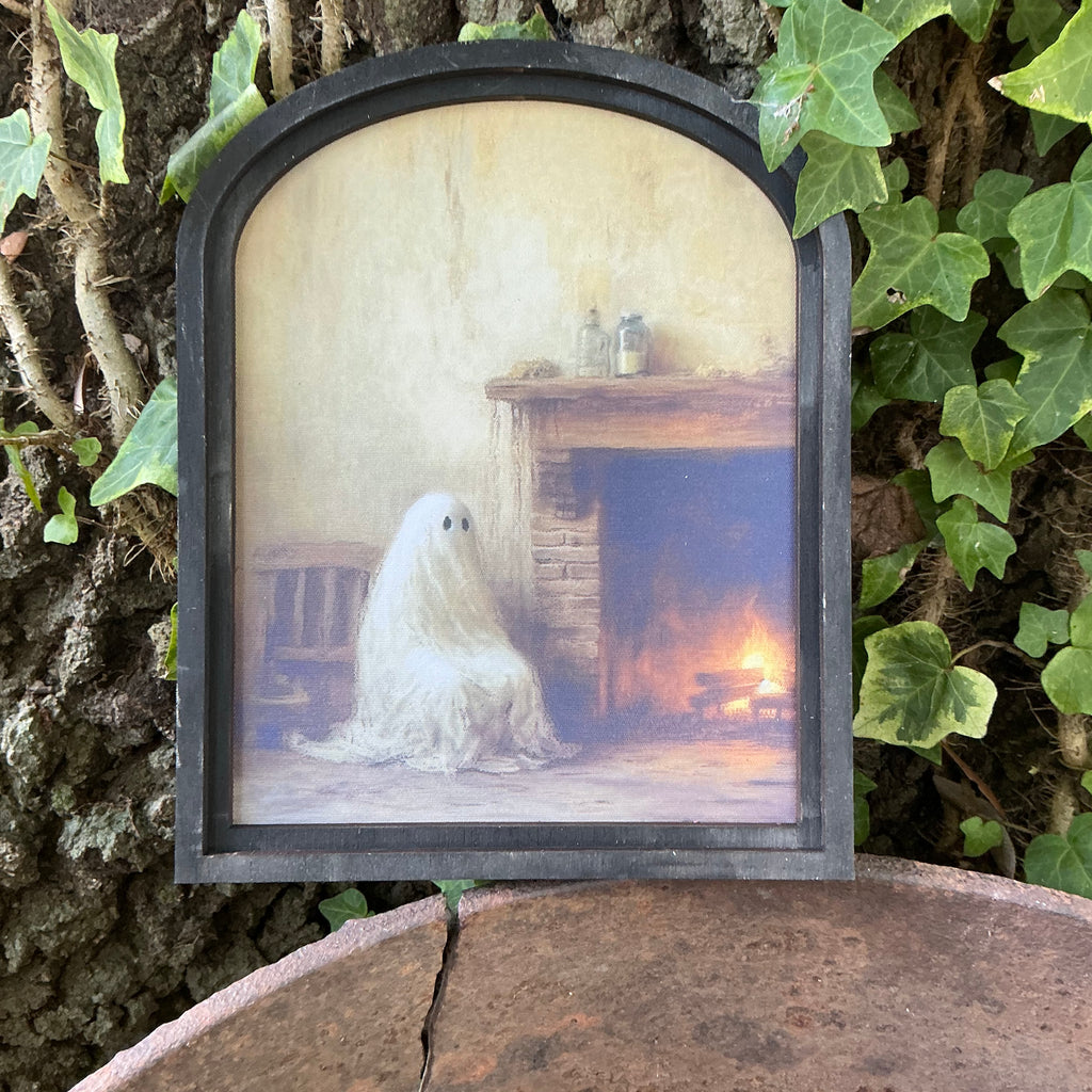 Ghost by the Fireplace Canvas Print in Small Arch Frame