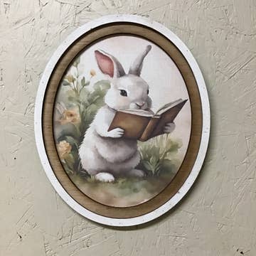 Oval Frame Bunny Reading Book Print