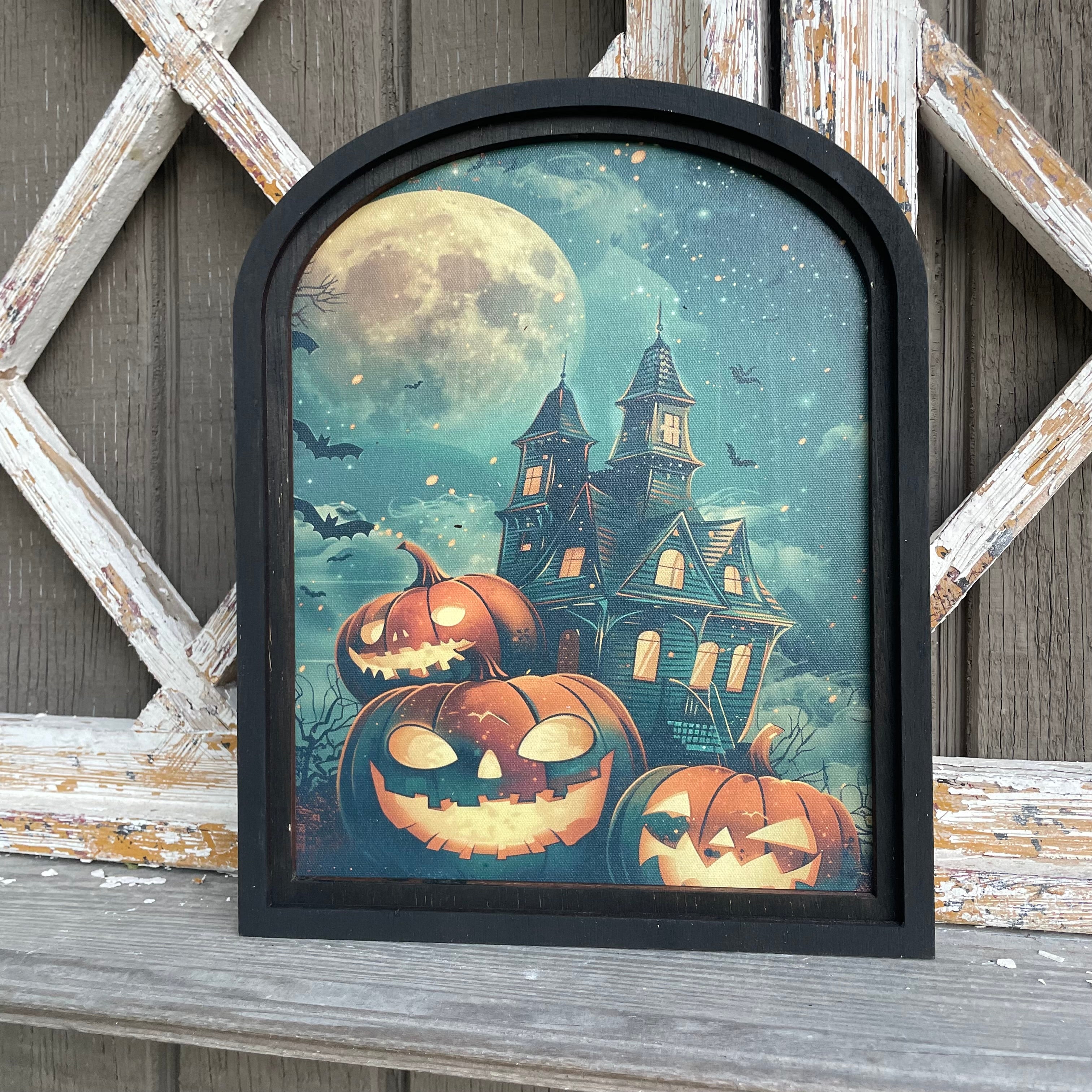 Haunted House and Jacko lanterns canvas print in small arch