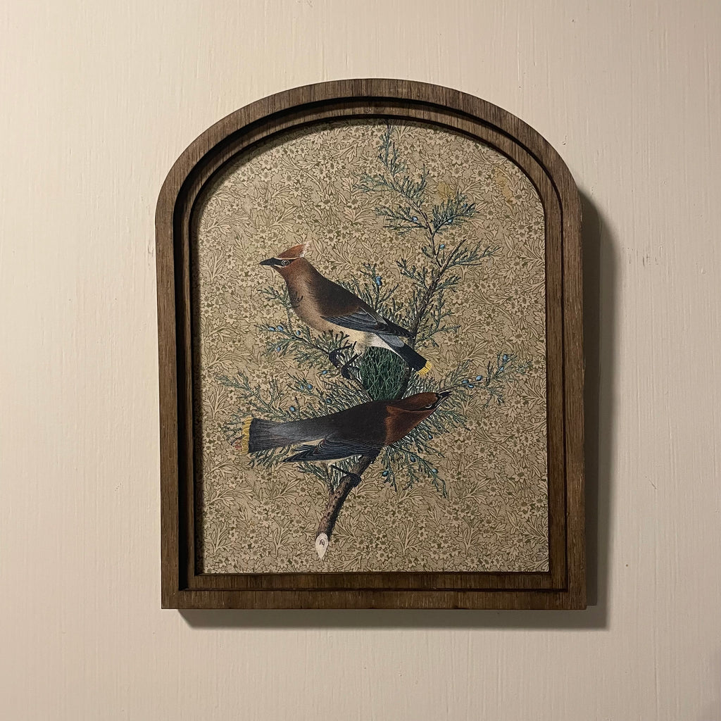 Cedar waxing Birds pair framed in small arch 