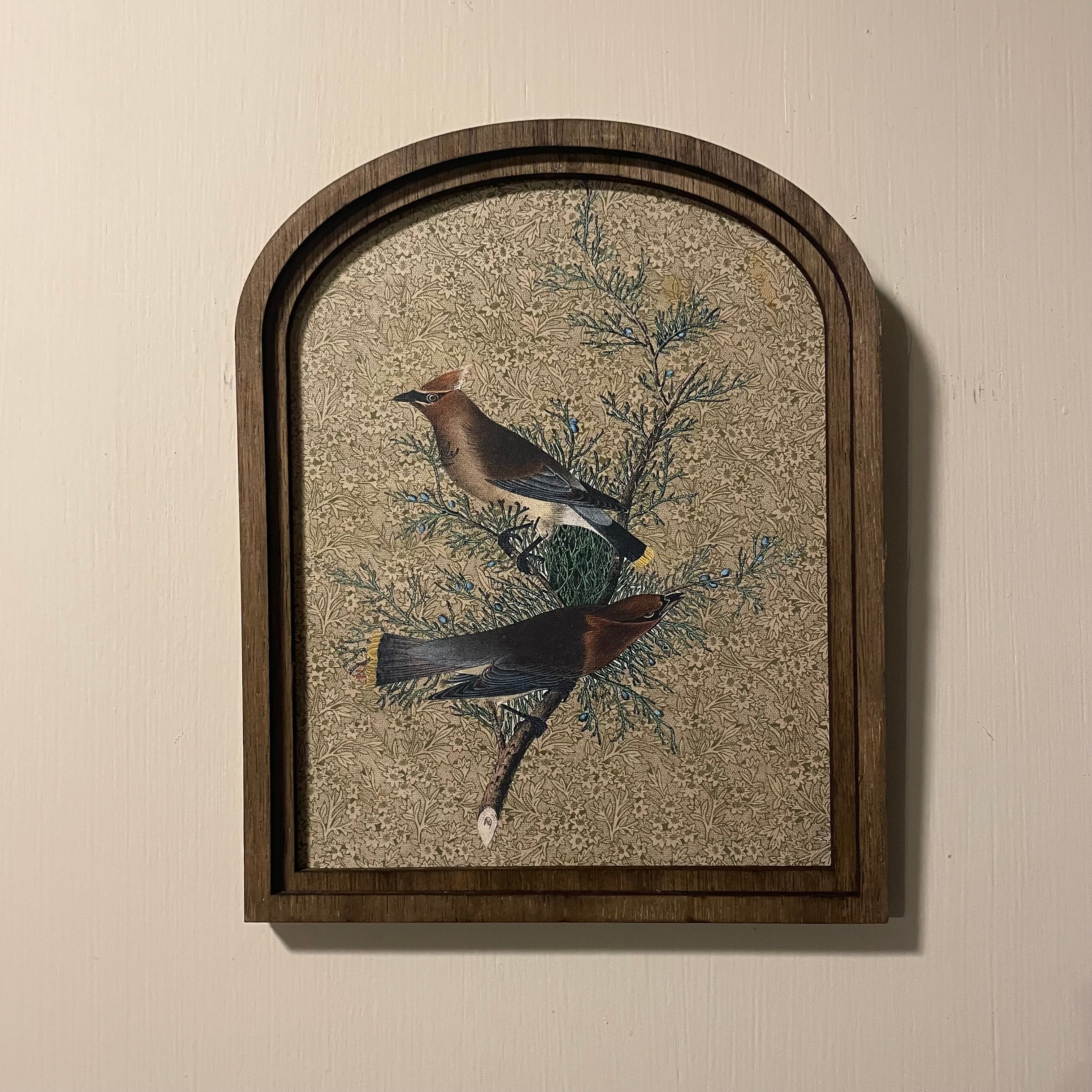 Cedar waxing Birds pair framed in small arch 