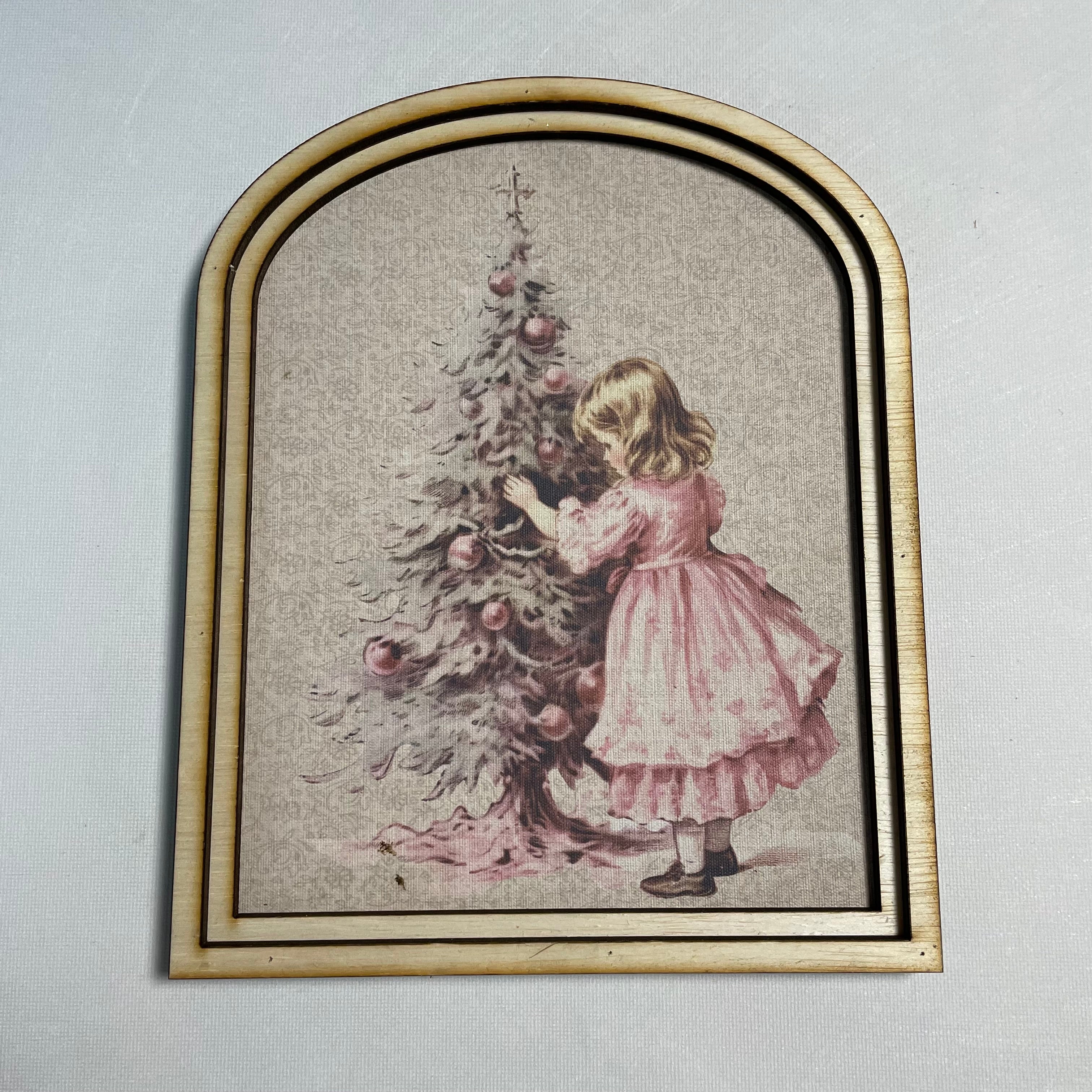 Vintage Child with Christmas tree Print arched frame