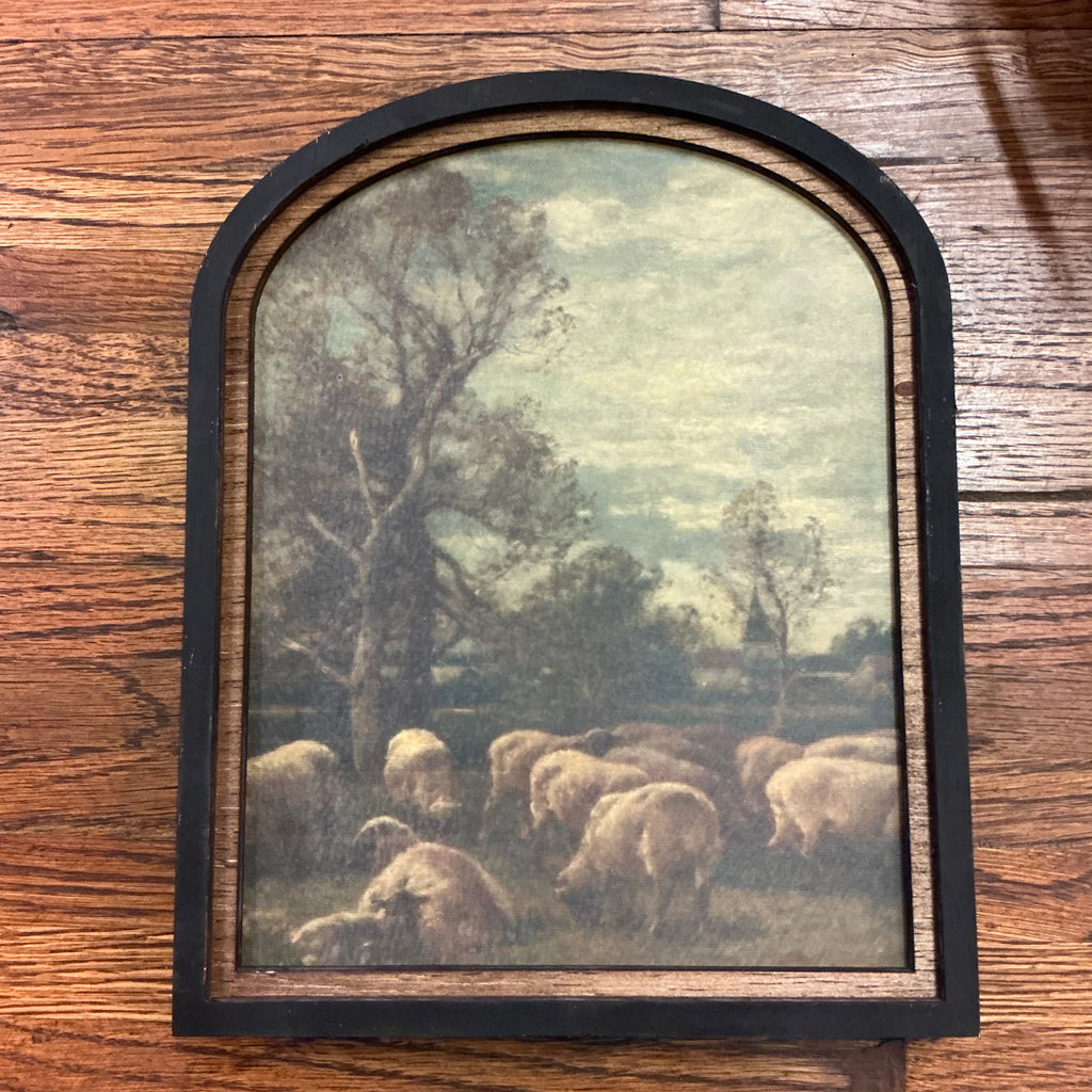 Pastoral Lambs with Trees Canvas Print in Arched Frame