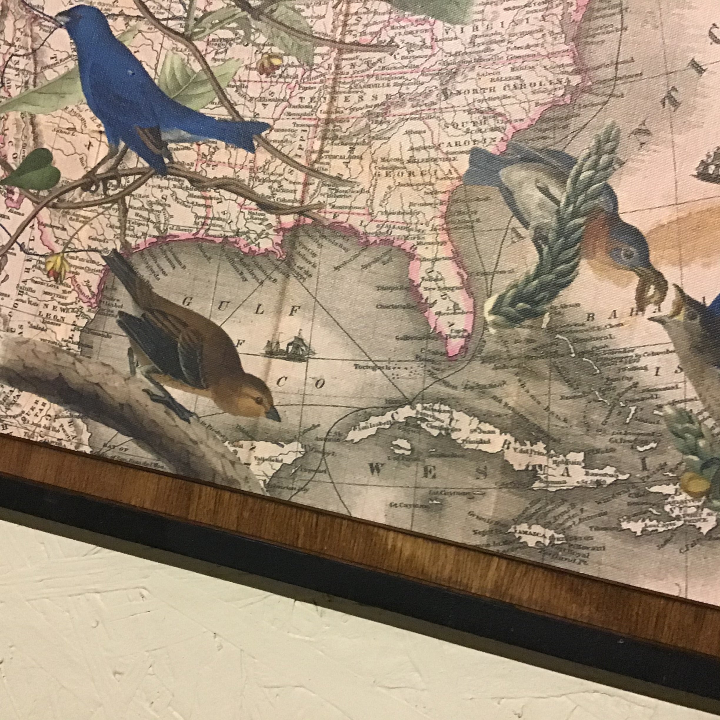 Blue Birds on Vintage Map in Half Moon Frame